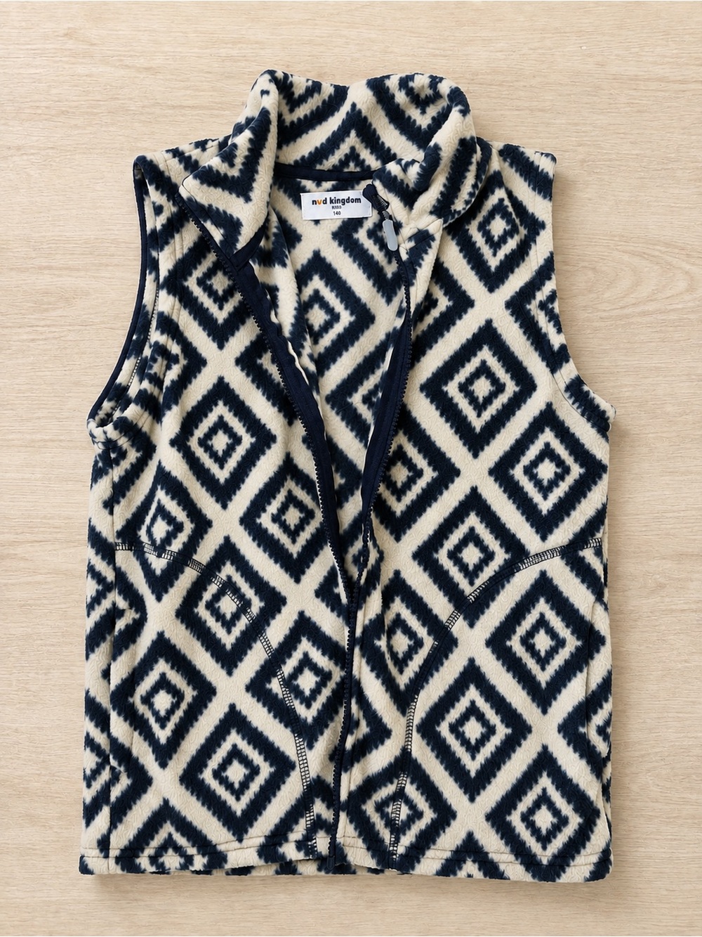 navy & cream patterned fleece vest